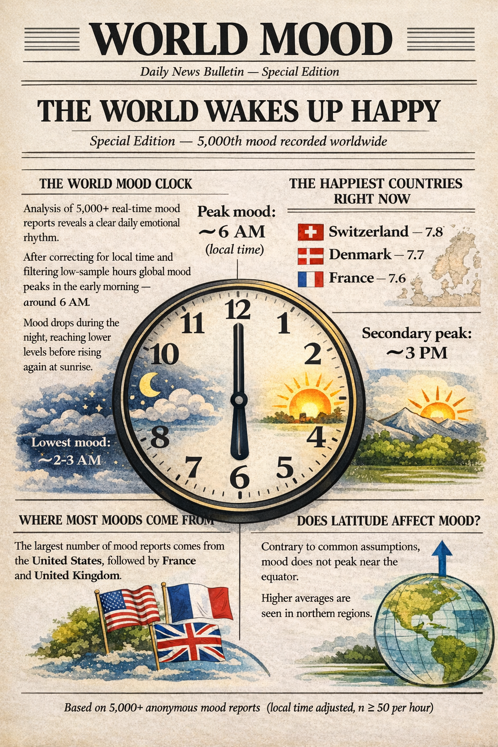 Editorial visual showing the world mood clock and global mood patterns